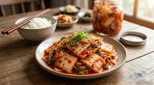 Ảnh chụp cận cảnh (close-up) một đĩa kim chi cải thảo đã cắt miếng, màu đỏ tươi của ớt bột, bóng bẩy nhờ nước sốt, rắc một chút mè rang và hành lá xanh. Bối cảnh là một bàn ăn gỗ mộc mạc, có thể thấy thoáng qua một bát cơm nóng và đôi đũa. Ảnh cần có ánh sáng tự nhiên, ấm áp, kích thích vị giác ngay lập tức.