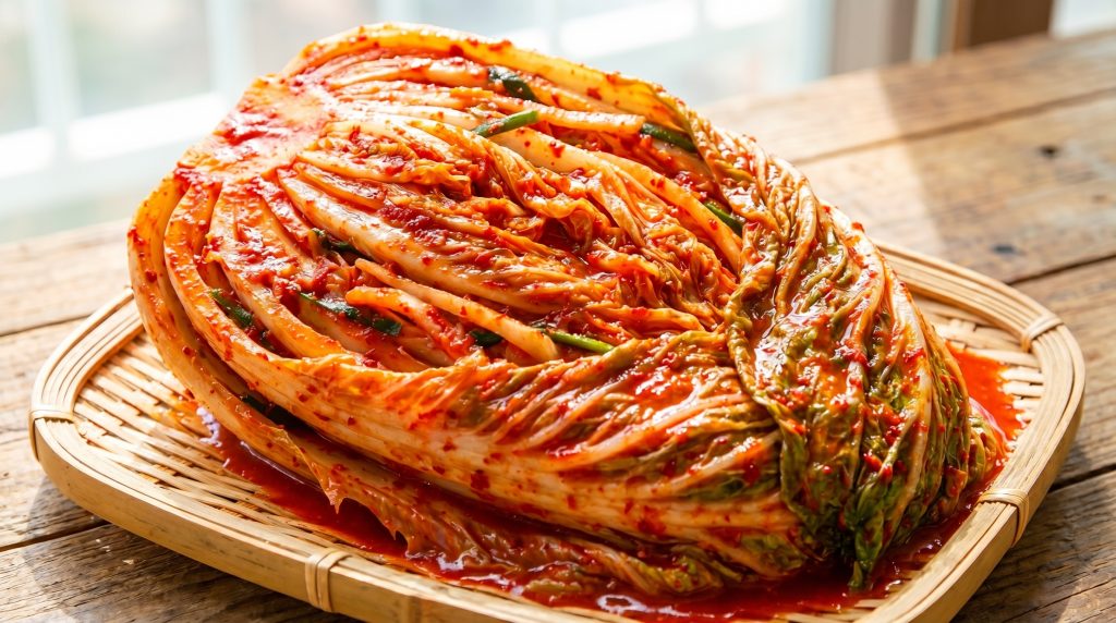 Cận cảnh một bẹ kim chi cải thảo đã thấm đẫm sốt đỏ rực, đặt trên mẹt tre hoặc dĩa sứ trắng đơn giản. Ánh sáng tự nhiên làm nổi bật độ bóng mượt của sốt và độ tươi của lá cải.