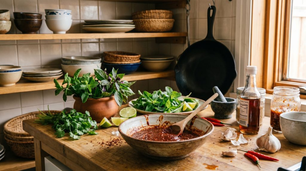 Cận cảnh một bát sốt đỏ âu, đậm đặc với ớt bột và nước mắm cá cơm đang được khuấy đều. Hình ảnh nên trông hơi "ngổn ngang" một chút cho giống thực tế đang nấu nướng.