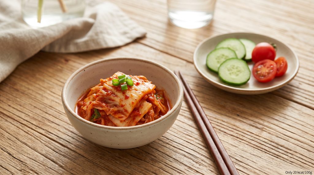 Một bát kim chi cải thảo đỏ rực rỡ đặt cạnh một quả cà chua hoặc vài lát dưa chuột trên mặt bàn gỗ. Có thể thêm một dòng text nhỏ, tinh tế trên ảnh: "Chỉ 20 kcal/100g".