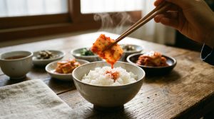 Một đôi đũa gắp một miếng kim chi cải thảo đỏ mọng, mọng nước, đặt cạnh một bát cơm trắng nóng hổi bốc khói. Bối cảnh là một bàn ăn gỗ mộc mạc, tạo cảm giác ấm cúng, gần gũi.