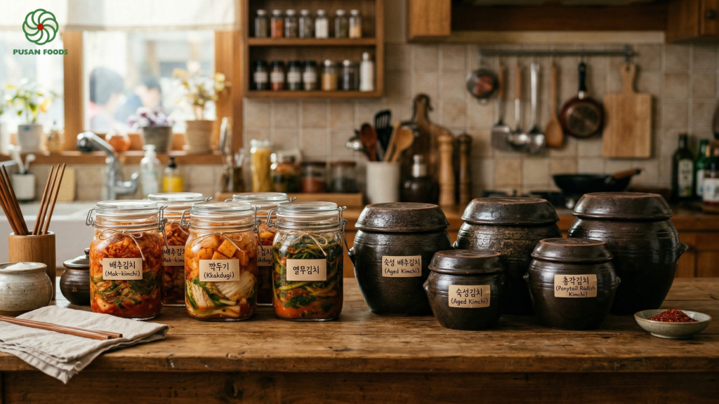 Hình ảnh so sánh hoặc xếp cạnh nhau các hũ thủy tinh và hũ sành đựng đầy kim chi. Kim chi được nén chặt, nước ngập mặt rau. Trông sạch sẽ, ngăn nắp và "nghệ" như góc bếp của một người nội trợ sành sỏi.