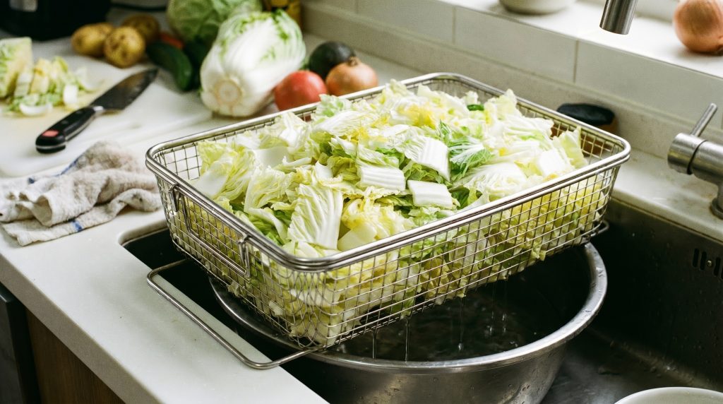 Một chiếc rổ inox đầy cải thảo, phía trên có chèn một vật nặng (như một bát nước lớn) để ép nước ra ngoài. Đây là "insight" làm bếp thực tế mà ít người chú ý.