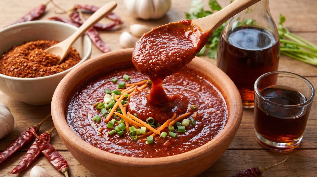 Hình ảnh chiếc thìa gỗ đang múc một loại xốt kim chi màu đỏ đậm, đặc sánh, mịn màng. Độ đặc của xốt phải trông như hồ dán để minh họa cho việc xốt bám chắc vào rau củ, không bị loãng.