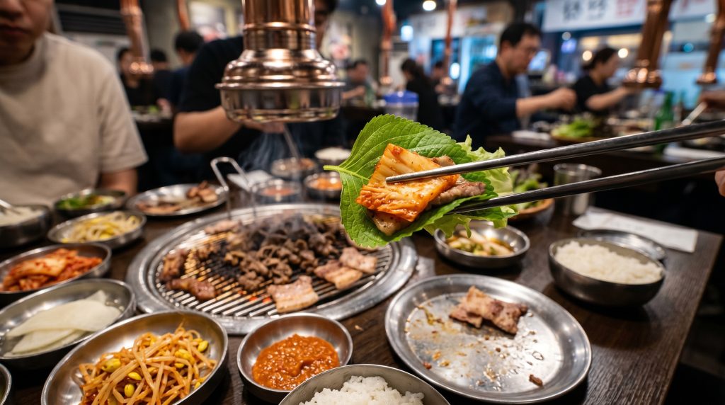 Một bàn ăn có thịt nướng, nhưng tiêu điểm (focus) là đôi đũa đang gắp một miếng kim chi cuộn kèm với lá xà lách. Hình ảnh này minh họa cho việc ăn kim chi giúp "chống ngấy" và giảm hấp thụ chất béo.