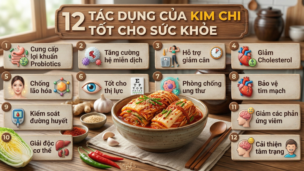 Hình ảnh đồ họa (Infographic) tóm tắt nhanh 12 lợi ích (ví dụ: icon tim mạch, hệ tiêu hóa, giảm cân).