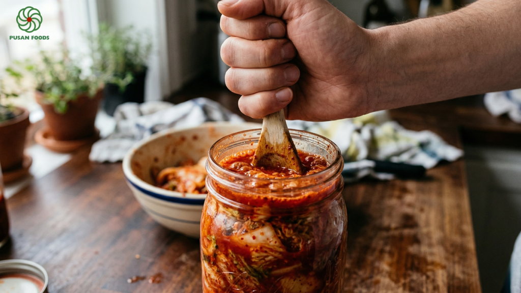 Một bàn tay (người thật) đang dùng thìa gỗ sạch ép nhẹ những miếng kim chi xuống để nước sốt dâng lên che kín mặt rau. Đây là hình ảnh mang tính "human touch" cực cao, giúp người đọc dễ hình dung hành động.