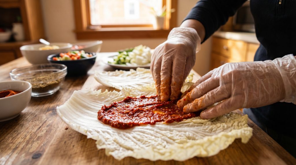 Đôi bàn tay (đeo găng tay làm bếp) đang tỉ mỉ phết sốt ớt đỏ lên từng kẽ lá cải thảo trắng nõn. Hình ảnh này nhấn mạnh tính thủ công, sự chăm chút trong quy trình chế biến mà bài viết có nhắc tới.