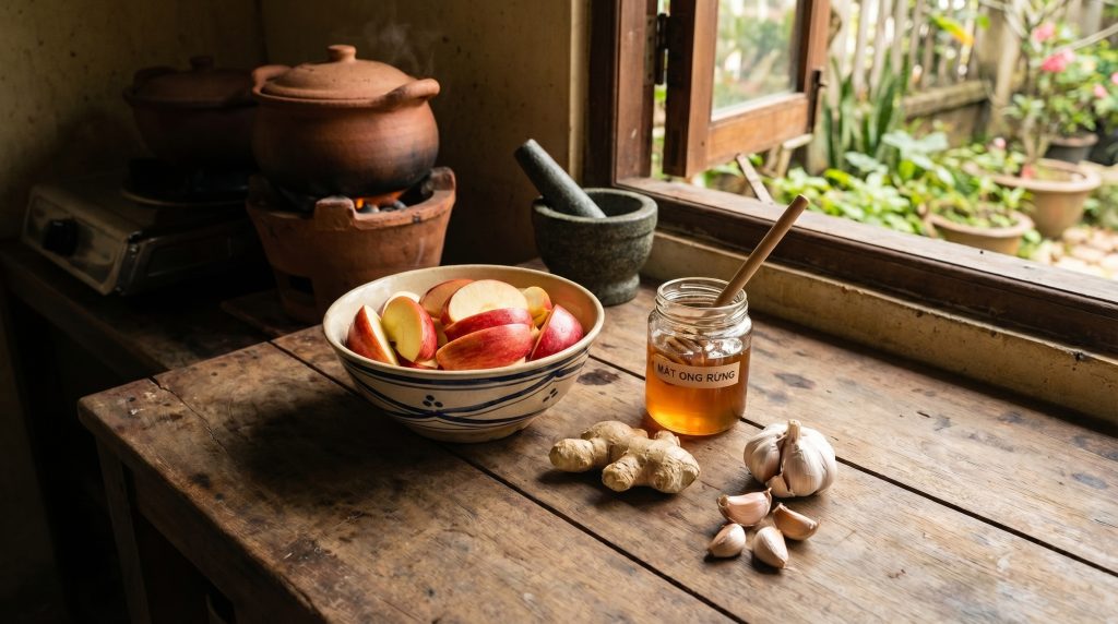 Một góc bếp bày biện các nguyên liệu phụ như táo đỏ cắt miếng, một hũ mật ong nhỏ và gừng, tỏi. Hình ảnh này minh chứng cho mẹo "thay lê bằng táo" mà bạn đã nhắc đến trong bài, tạo cảm giác gần gũi, dễ làm.