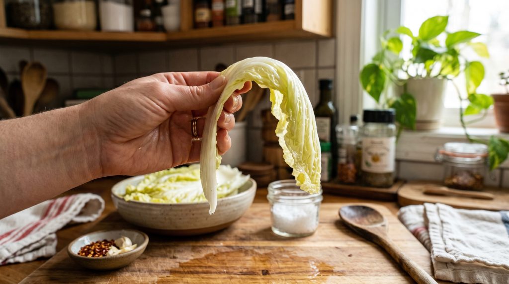 Một đôi bàn tay đang cầm bẹ cải thảo đã ướp muối, gập cong lại một cách dẻo dai mà không bị gãy. Bên cạnh có thể là một bẹ cải chưa đạt (còn cứng, giòn). Ảnh này giúp người đọc tự kiểm chứng lỗi sai của mình.