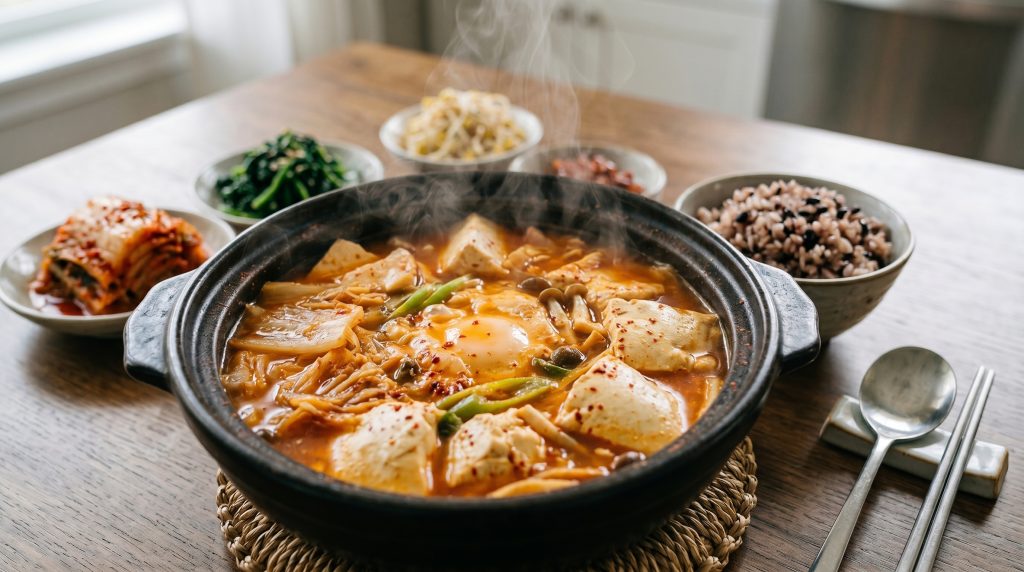 Một nồi canh kim chi (Sundeubu-jjigae) đang bốc khói nghi ngút, thấy rõ những miếng đậu phụ trắng mềm và màu đỏ đặc trưng của nước dùng. Hình ảnh này phục vụ cho phần "Cách ăn kim chi giảm cân".