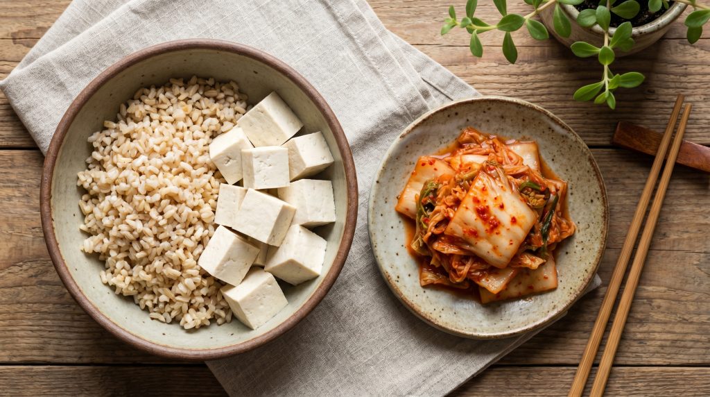 Một bàn ăn chay thịnh soạn nhưng đơn giản với cơm lứt, đậu phụ luộc và một đĩa kim chi chay cạnh bên. Hình ảnh này nhắm đến đối tượng khách hàng Eat Clean và ăn chay trường, giúp họ thấy được sự hòa hợp của món ăn.