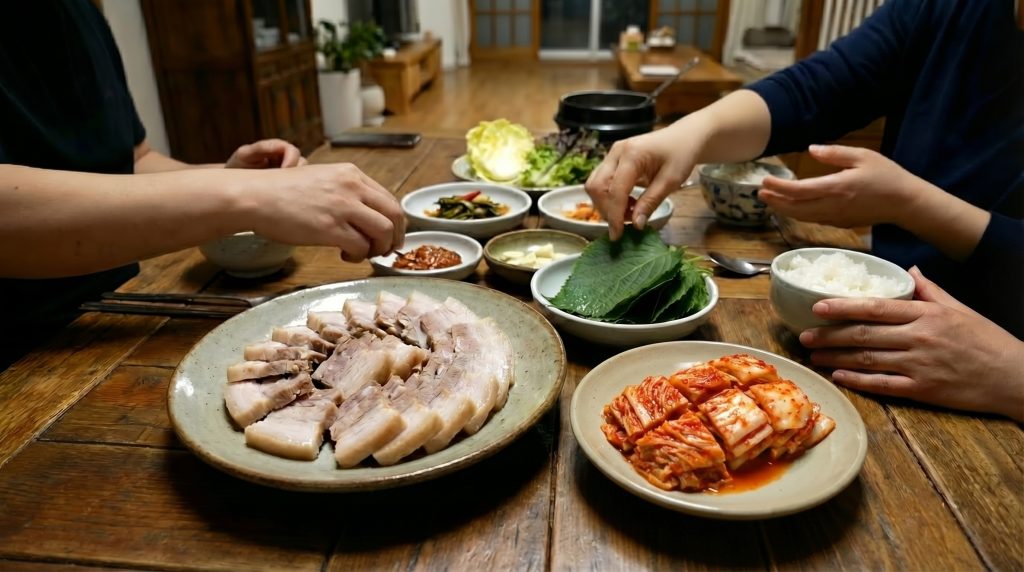 Một mâm cơm gia đình ấm cúng với đĩa thịt ba chỉ luộc (hoặc nướng) đặt cạnh bát kim chi cải thảo cắt miếng vừa ăn. Hình ảnh khơi gợi sự thèm ăn và cho thấy tính ứng dụng của món ăn trong bữa cơm hàng ngày.