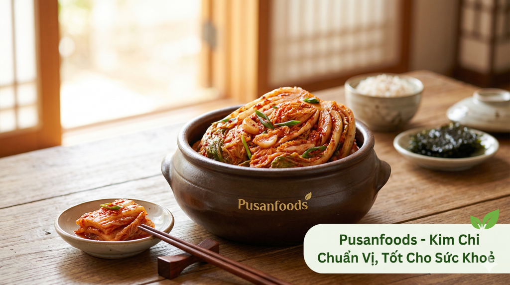 Một mẹt kim chi cải thảo đỏ tươi, trang trí đẹp mắt với mè trắng. Có logo Pusanfoods ở góc.