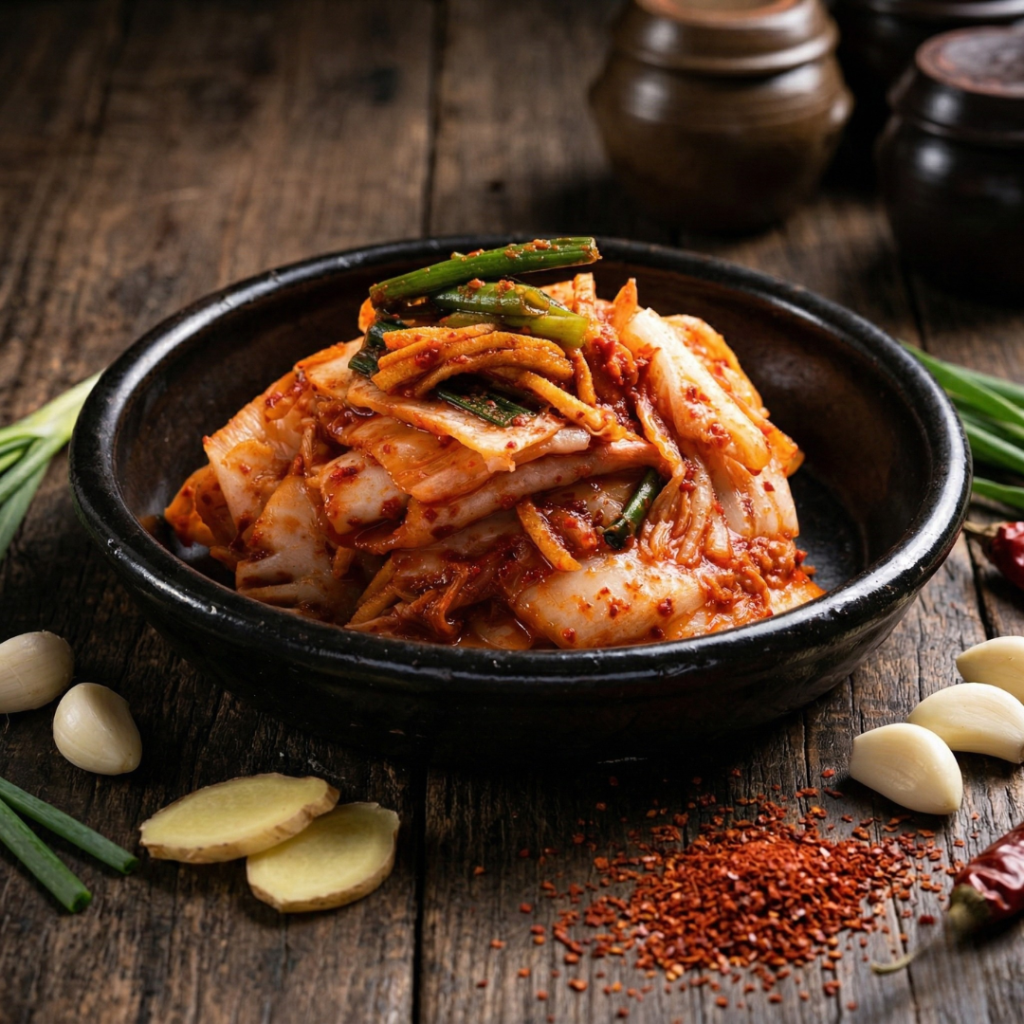 Một bức ảnh cận cảnh (Close-up) đầy nghệ thuật về một cây kim chi cải thảo vừa được phết sốt, đỏ mọng, còn đọng nước, xung quanh là các nguyên liệu thô như ớt bột, tỏi, gừng.