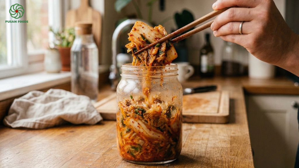 Một đôi đũa gỗ sạch đang gắp kim chi từ hũ ra đĩa nhỏ. Bối cảnh bếp gia đình ấm cúng, sạch sẽ. Nhấn mạnh vào sự tỉ mỉ, sạch sẽ.