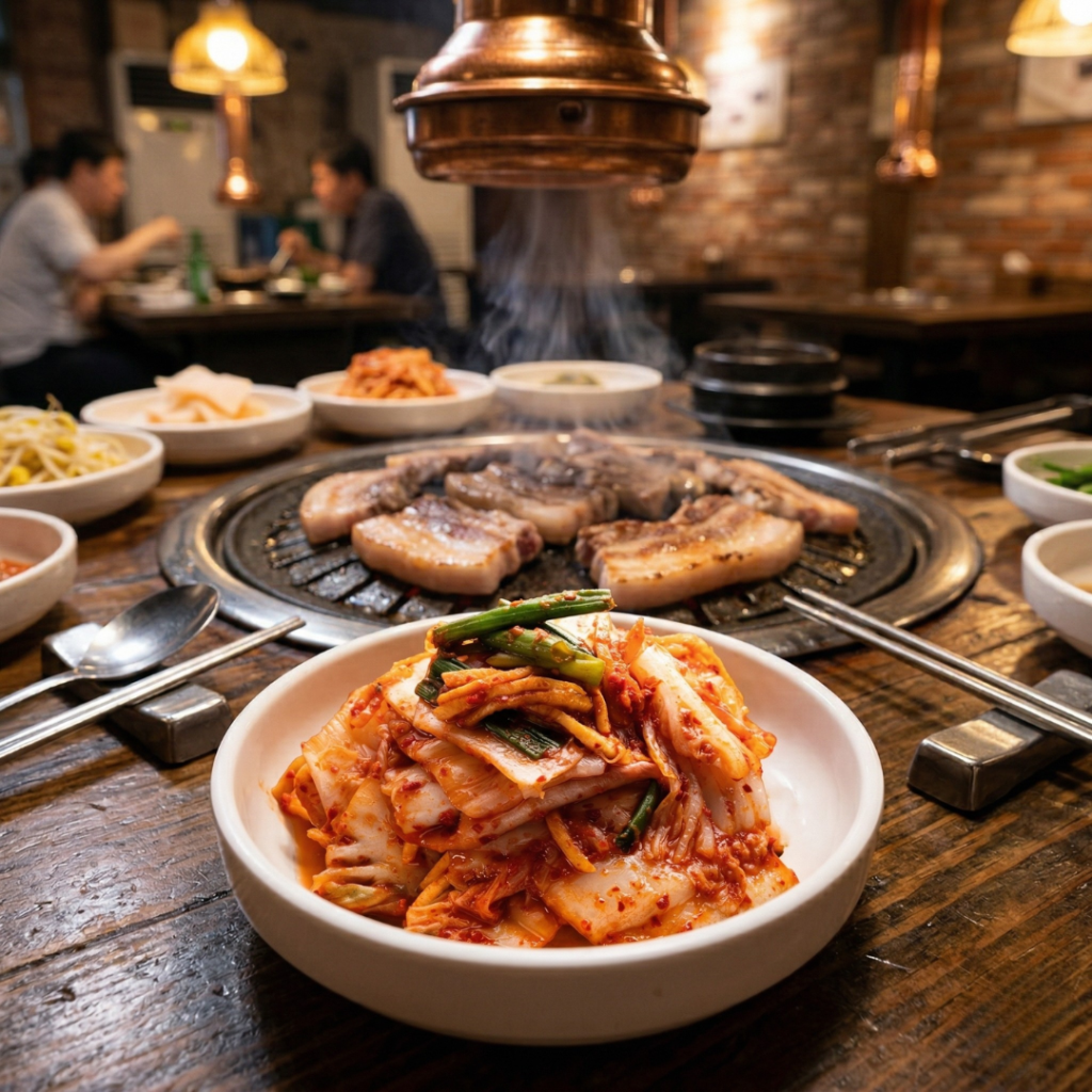 Hình ảnh một mâm thịt nướng xèo xèo trên bếp, và tiêu điểm chính là đĩa kim chi đỏ rực đặt bên cạnh. Bức ảnh này đánh vào insight "thèm ăn" và giải quyết vấn đề "ngấy" mà bạn đã nhắc đến trong bài.