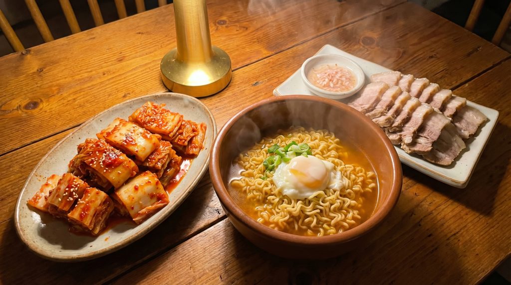 Một mẹt kim chi cải thảo đã muối chín, cắt miếng vừa ăn, đỏ rực rỡ, bên cạnh là một bát mì tôm nóng hổi bốc khói hoặc một đĩa thịt ba chỉ luộc. Ánh sáng vàng ấm tạo cảm giác ngon miệng.