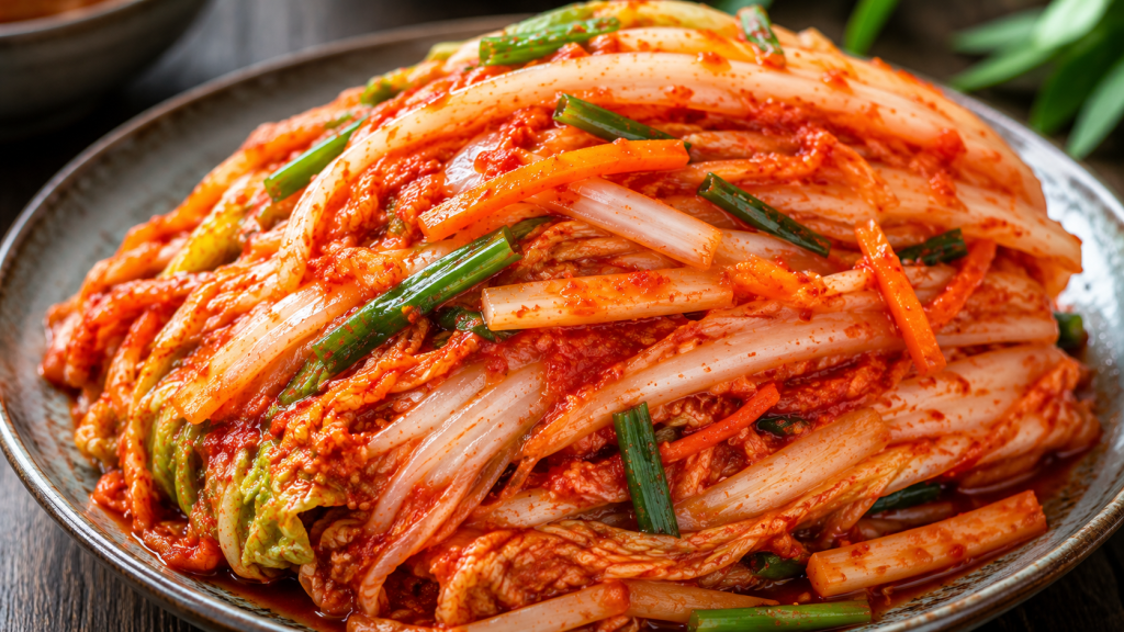 Cận cảnh một đĩa kim chi cải thảo đỏ âu, mướt mắt, các thớ cải trông vẫn còn độ mọng và giòn (không bị bết dính bởi hồ nếp). Ánh sáng tự nhiên làm nổi bật những lát cà rốt và hành lá xanh mướt điểm xuyết.