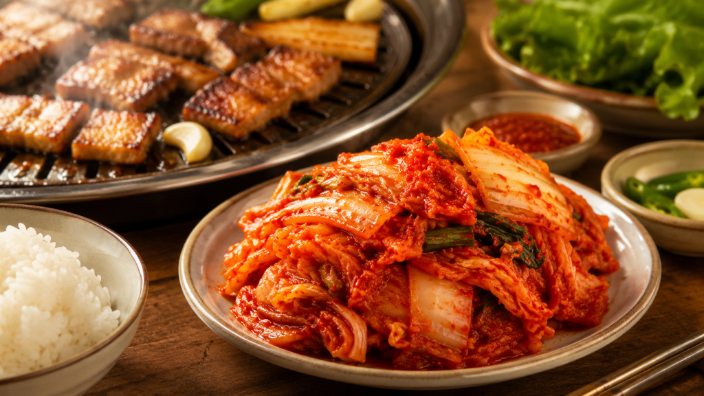 Một đĩa kim chi cải thảo đỏ âu, giòn rụm được xếp cạnh bàn thịt nướng cháy cạnh hoặc một bát cơm nóng. Ánh sáng ấm, tạo cảm giác bữa cơm gia đình ngon miệng.
