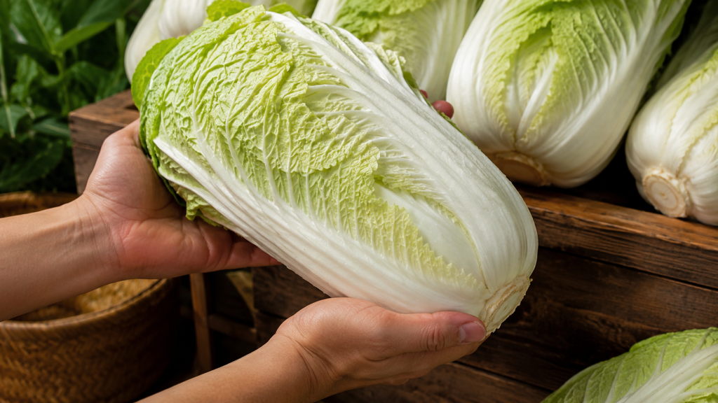 Một đôi bàn tay thật đang nhấc một cây cải thảo chắc nịch lên khỏi kệ gỗ. Cây cải có bẹ trắng sáng, phần ngọn xanh nhạt, trông mọng nước và nặng tay.