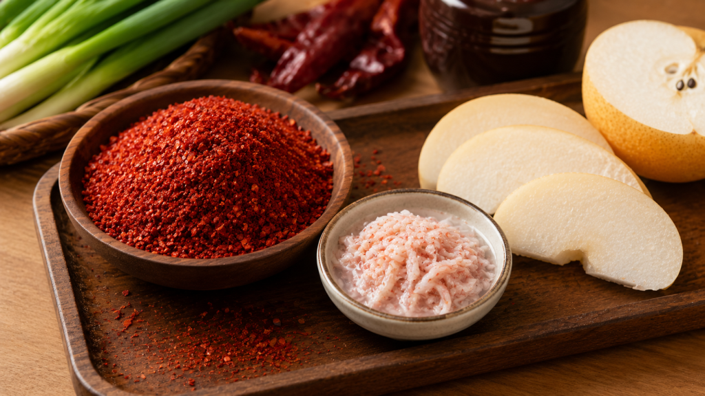 Chụp khay gỗ đựng ớt bột Hàn Quốc màu đỏ thắm, một bát nhỏ tép muối (saeu-jeot) và vài lát lê tươi. Đây là cách trực quan để người đọc phân biệt nguyên liệu xịn.