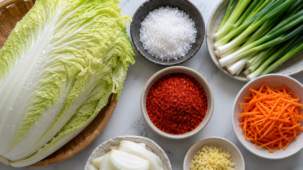 Góc chụp từ trên xuống (flatlay) các nguyên liệu gồm: Cải thảo tươi rói còn đọng nước, một bát muối hạt to, bát ớt bột đỏ rực, và các loại củ quả như cà rốt, hành lá được sắp xếp ngăn nắp.
