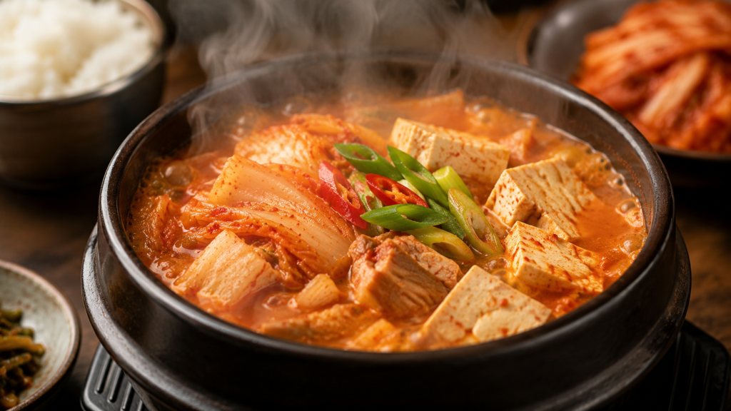 Một bát canh kim chi đậu phụ (Kimchi Jjigae) bốc khói nghi ngút. Đây là cách "cứu nét" thông minh nhất cho kim chi đã chua mặn. Hình ảnh này kích thích vị giác và khiến người đọc thấy việc làm mặn không còn là thảm họa.