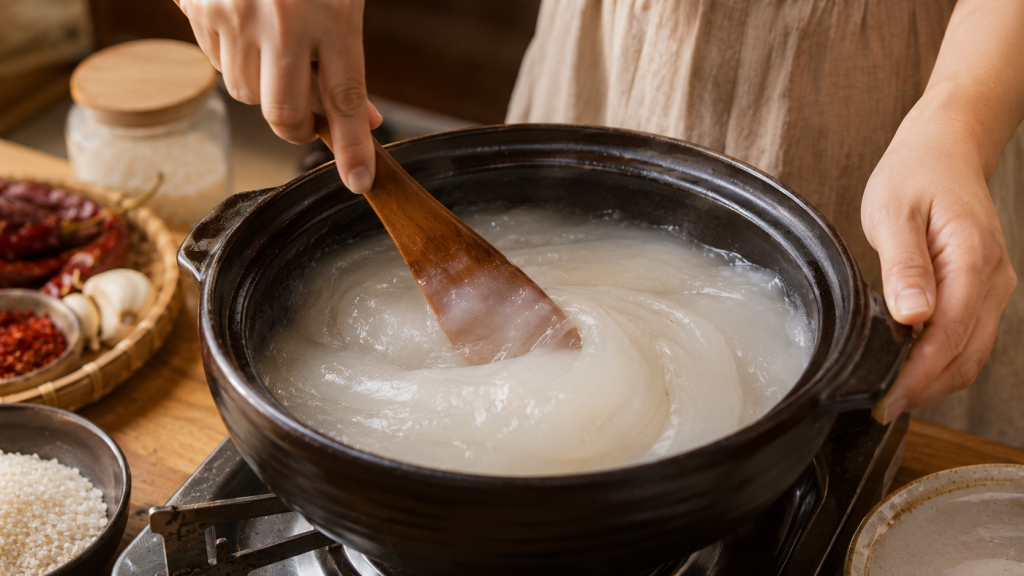 Một bàn tay đang khuấy nồi bột nếp trên bếp. Hỗn hợp bột lúc này đã chuyển sang màu trắng trong và sệt lại. Hình ảnh này tạo "human touch" cực cao.