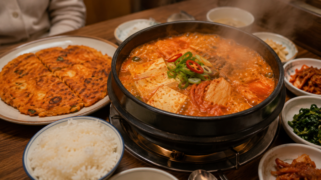 Một mâm cơm gia đình ấm cúng với tâm điểm là một nồi canh kim chi (Kimchi-jjigae) đang sôi sùng sục, bên cạnh là bát cơm trắng và đĩa bánh xèo kim chi vàng ruộm.