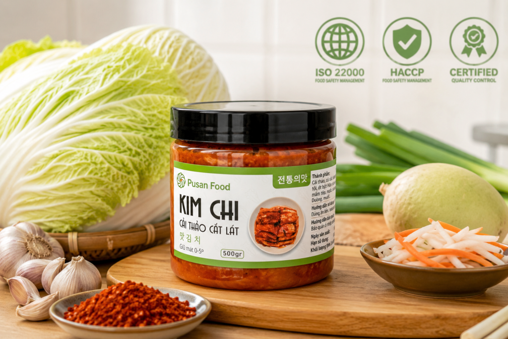 Hũ kim chi Pusan Food dán nhãn chỉn chu, đặt cạnh các nguyên liệu tươi như cải thảo, tỏi. Hình ảnh sạch sẽ, thể hiện quy trình chuyên nghiệp đạt chuẩn ISO.