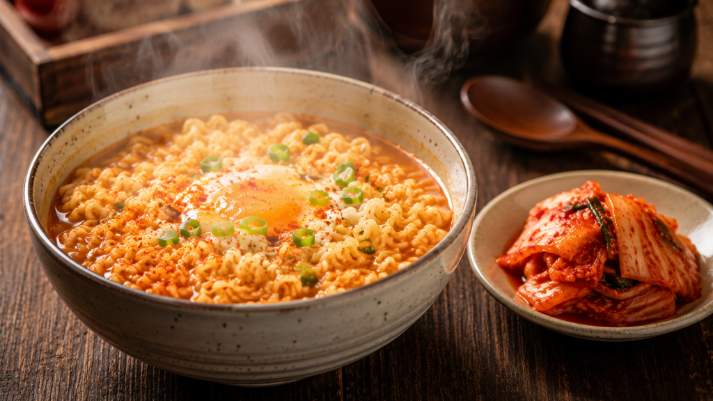  Một bát mì tôm bốc khói nghi ngút, bên cạnh là một đĩa kim chi nhỏ. Đây là hình ảnh cực kỳ "đắt" vì nó đánh trúng thói quen ăn uống của người Việt, tạo cảm giác thèm ăn ngay lập tức.