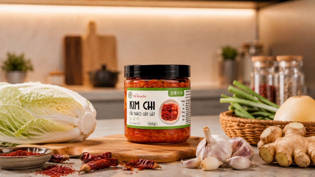 Một hũ thủy tinh kim chi cải thảo dán nhãn sang trọng, đặt trong bối cảnh bếp hiện đại. Xung quanh là các nguyên liệu tươi như tỏi, gừng, ớt bột để khẳng định chất lượng tự nhiên.