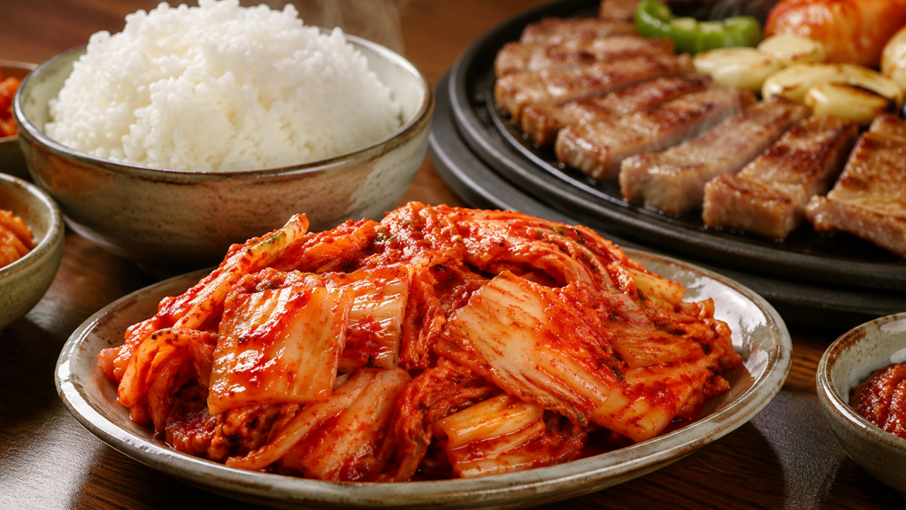 Một đĩa kim chi đã cắt miếng vừa ăn, màu sắc đỏ tươi bắt mắt, bóng mượt, đặt cạnh bát cơm trắng nóng hổi hoặc một đĩa thịt nướng. Hình ảnh này mang tính thuyết phục bán hàng cao.