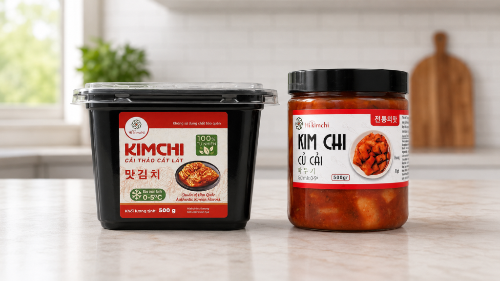 Hũ kim chi cải thảo thương hiệu Pusan Food có nhãn mác rõ ràng, đặt trong bối cảnh bếp hiện đại hoặc kệ hàng sạch sẽ. Kim chi bên trong hũ nhìn thấy rõ độ tươi và nước sốt sệt.