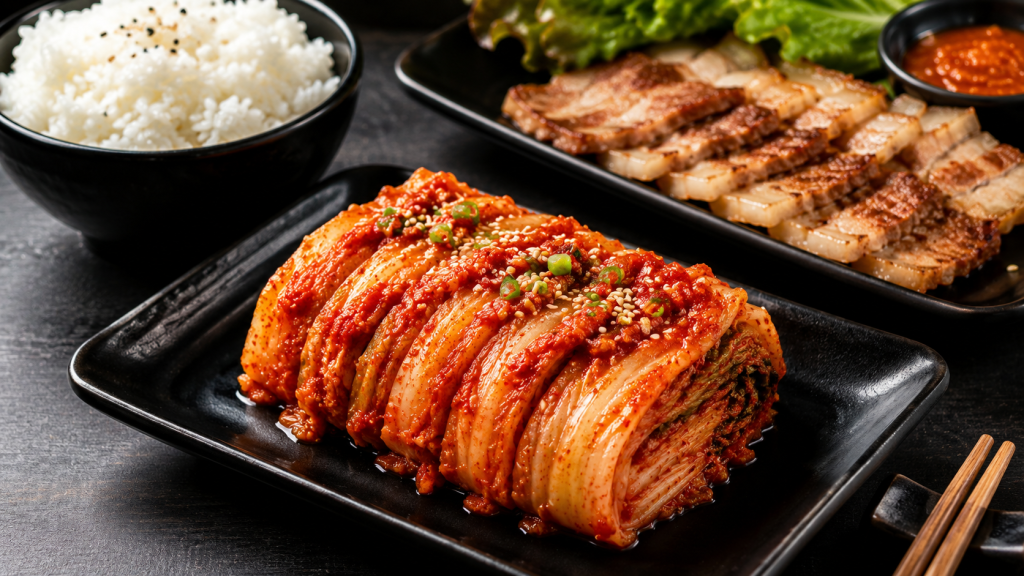 Một đĩa kim chi được cắt gọn gàng, trình bày đẹp mắt trên đĩa sứ đen sang trọng, bên cạnh là bát cơm trắng hoặc thịt nướng. Hình ảnh phải toát lên sự "chuẩn vị", đối lập hoàn toàn với nỗi lo làm mặn ở đầu bài.