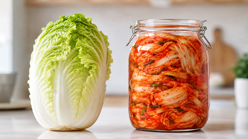Một khung hình chia làm hai bên (hoặc đặt cạnh nhau). Một bên là 1 cây cải thảo tươi nặng khoảng 1kg, bên kia là một hũ thủy tinh 1.5L đầy ắp kim chi đỏ rực rỡ. Việc này giúp người đọc trả lời ngay câu hỏi ở tiêu đề một cách trực quan.