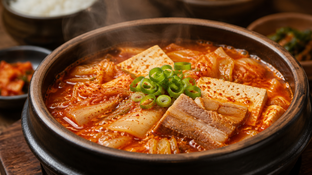 Một chiếc nồi đất (hoặc bát sứ sâu lòng) đựng canh kim chi màu đỏ cam đậm đà. Có thể thấy rõ lát đậu hũ non trắng muốt, vài miếng thịt ba chỉ và hành lá xanh mướt bên trên. Hơi nước bốc lên mờ nhẹ tạo cảm giác nóng hổi.