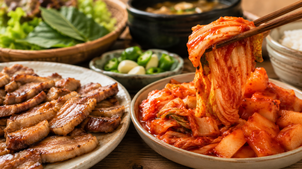 Một khung cảnh bàn ăn ấm cúng, có đĩa thịt ba chỉ nướng vàng ươm hoặc đồ chiên. Ngay bên cạnh là đĩa kim chi cải thảo củ cải đỏ mọng, được gắp bằng đũa gỗ, tạo cảm giác mọng nước và tươi mát.