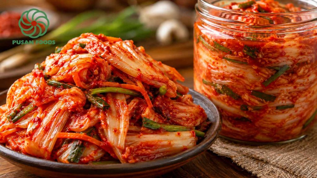 Một đĩa kim chi cải thảo chay vừa mới làm xong, màu đỏ của ớt bột bao phủ đều từng bẹ cải, xen lẫn màu xanh của hẹ và cam của cà rốt. Ảnh chụp cận cảnh (macro) để thấy rõ độ mọng nước và giòn sần sật. Bên cạnh là một hũ thủy tinh đựng kim chi đã nén chặt.
