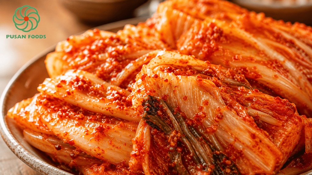 Chụp macro (cận cảnh) từng miếng kim chi đã được cắt đều đặn, thấy rõ độ mọng nước của bẹ cải, màu đỏ óng mượt của sốt và các hạt ớt bột bám đều. Miếng cải nhìn phải giòn và tươi.