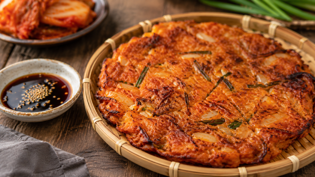 Chiếc bánh kim chi được áp chảo vàng giòn, các cạnh hơi cháy xém nhẹ (tạo cảm giác rất thật và ngon). Bánh được đặt trên một chiếc mẹt tre nhỏ hoặc đĩa gốm mộc mạc, bên cạnh là chén nước tương nhỏ có rắc ít mè rang.