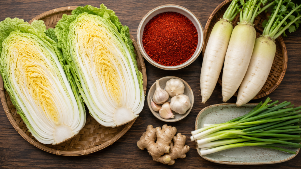 Ảnh chụp từ trên xuống (flat lay) các nguyên liệu thô: 2 cây cải thảo tươi cắt đôi, những củ cải trắng còn mọng nước, bát ớt bột đỏ đậm, tỏi, gừng và hành lá xanh mướt xếp ngăn nắp trên mặt bàn bếp gỗ hoặc đá.