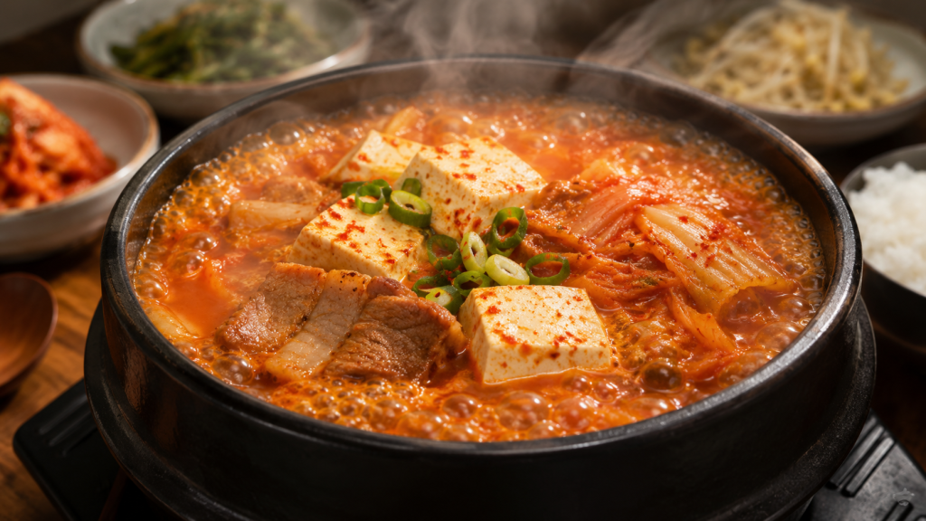 Một nồi đá đen kiểu Hàn chứa canh kim chi đang sôi sùng sục, thấy rõ đậu phụ trắng, thịt ba chỉ và lá kim chi chín mềm. Làn khói bốc lên mờ ảo khiến người xem cảm thấy thèm ăn ngay lập tức.