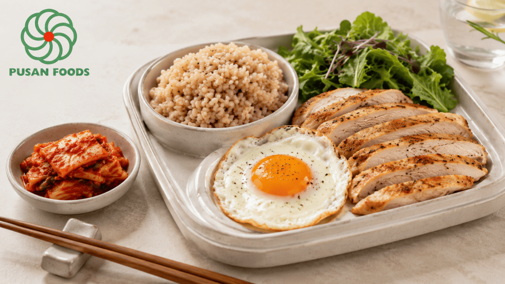 Một khay cơm "healthy" gồm: cơm gạo lứt, trứng ốp la, ức gà và một đĩa nhỏ kim chi cắt lát bên cạnh. Hình ảnh gợi ý lối sống lành mạnh, ít calo nhưng vẫn đủ chất.