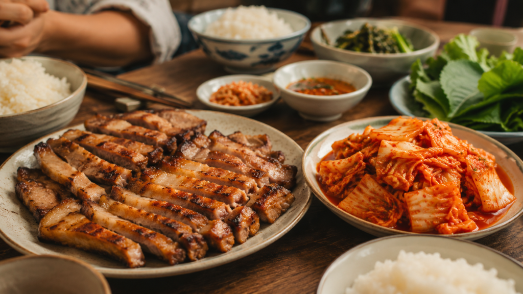 Một mâm cơm gia đình ấm cúng với đĩa thịt ba chỉ nướng vàng ươm, đặt cạnh là một đĩa kim chi cắt miếng vừa ăn. Hình ảnh này đánh vào tâm lý "ăn ngon" và thúc đẩy khách hàng muốn sở hữu ngay (hoặc tự làm hoặc mua của Pusan Food).