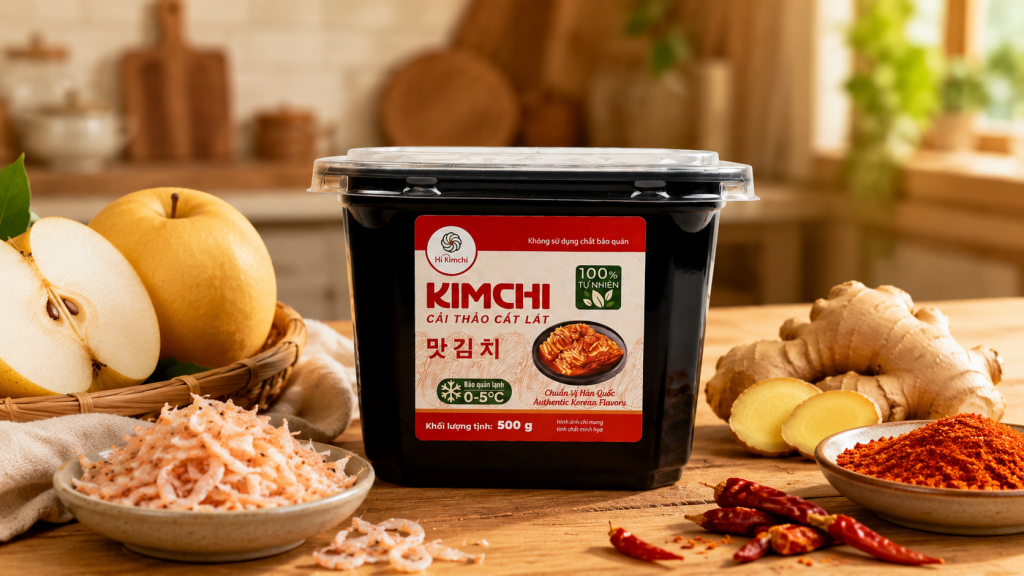 Hũ kim chi Pusan Food đặt cạnh các nguyên liệu tươi như trái lê, tép biển, gừng và ớt bột đỏ. Hình ảnh này khẳng định thông điệp "sạch như nhà làm" và "nguyên liệu tự nhiên".