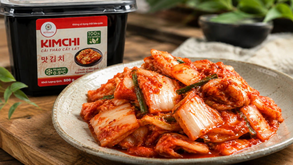 Một đĩa kim chi hoàn chỉnh của Pusan Food, miếng kim chi được cắt miếng vừa ăn, màu đỏ của ớt bột óng ả, bám đều trên bẹ cải trắng giòn. Bên cạnh là một hũ kim chi có nhãn mác Pusan Food mờ ảo phía sau.