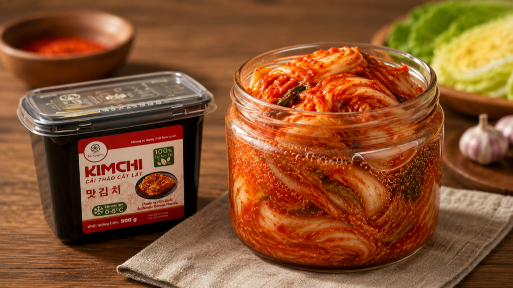 Một hũ thủy tinh chứa đầy kim chi đã được cuộn tròn đẹp mắt. Nhìn kỹ thấy có những bong bóng khí nhỏ (dấu hiệu lên men) ở thành hũ. Bên cạnh có thể là logo hoặc sản phẩm của Pusan Food để tăng độ nhận diện thương hiệu.