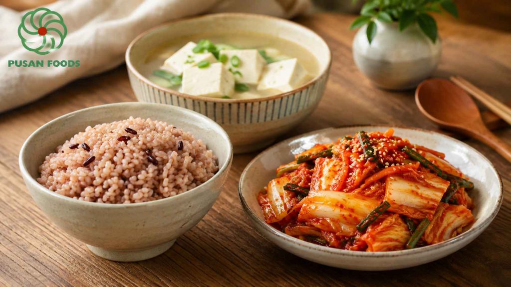 Một bữa ăn đơn giản gồm bát cơm gạo lứt, một bát canh đậu phụ trắng phao và đĩa kim chi chay của Pusan Food cạnh bên. Ảnh mang lại cảm giác bình yên, sạch sẽ, đánh vào tâm lý muốn ăn uống lành mạnh của người dùng.